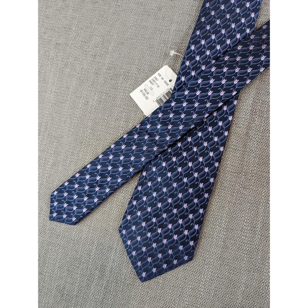 NWT Valentino Necktie Mens Silk Tie Navy Blue Pink Tulip Floral Made in Italy